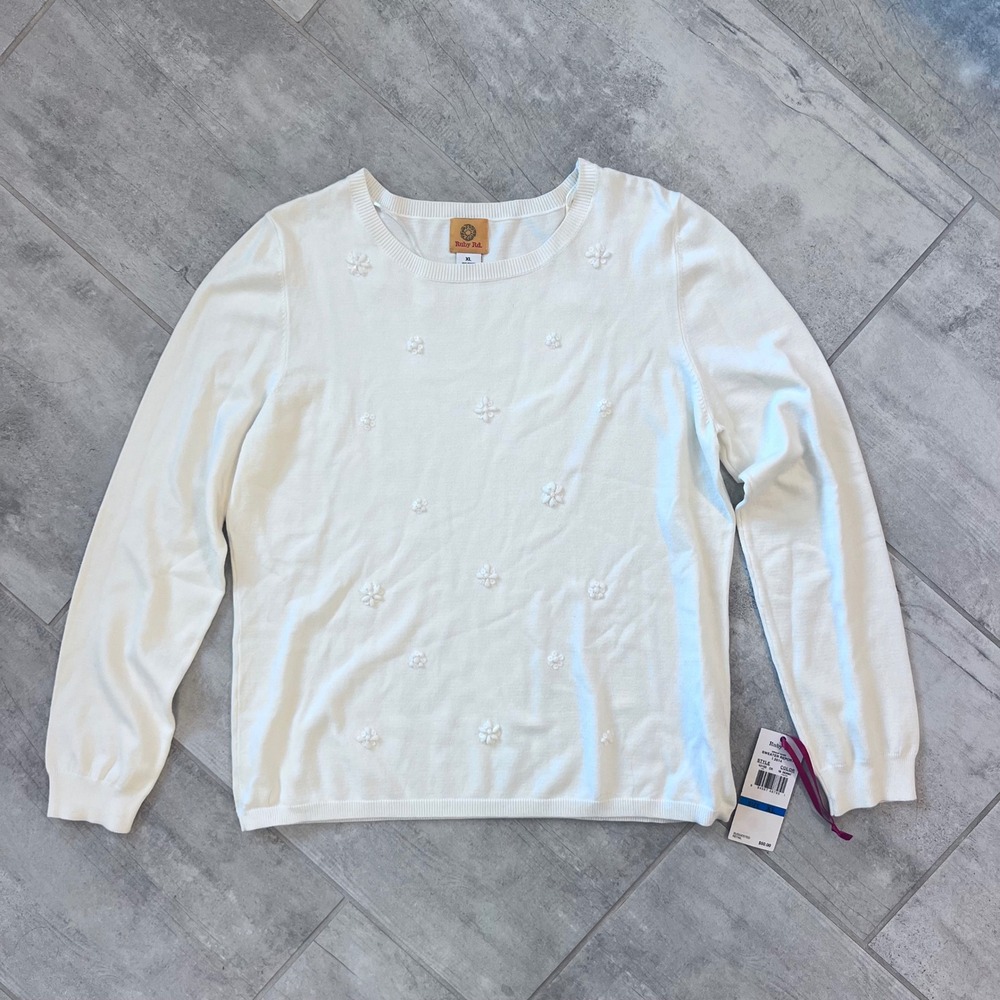 NWT Ruby‎ Rd Womens XL Ivory Embellished Crew Neck Long Sleeve Sweater